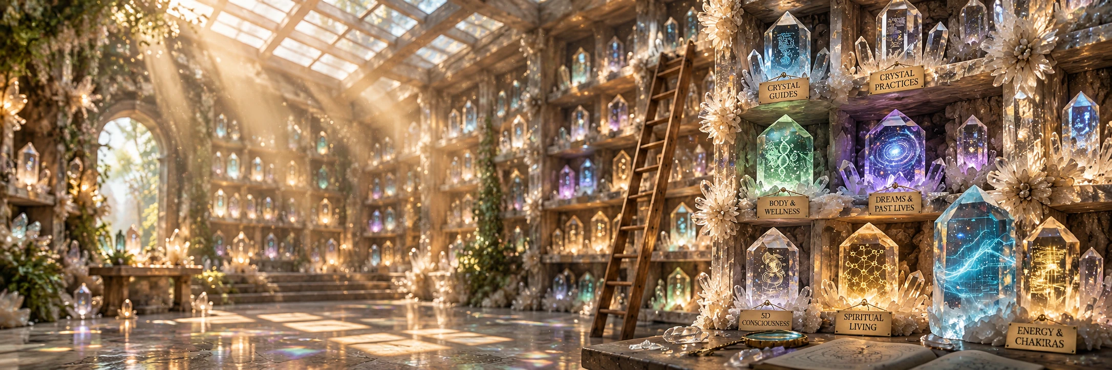 The Crystals Talk crystal library — a magical hall of glowing crystals